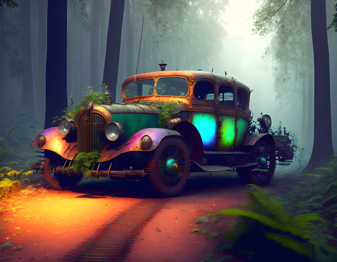 Vintage car covered in colorful rust in misty forest setting