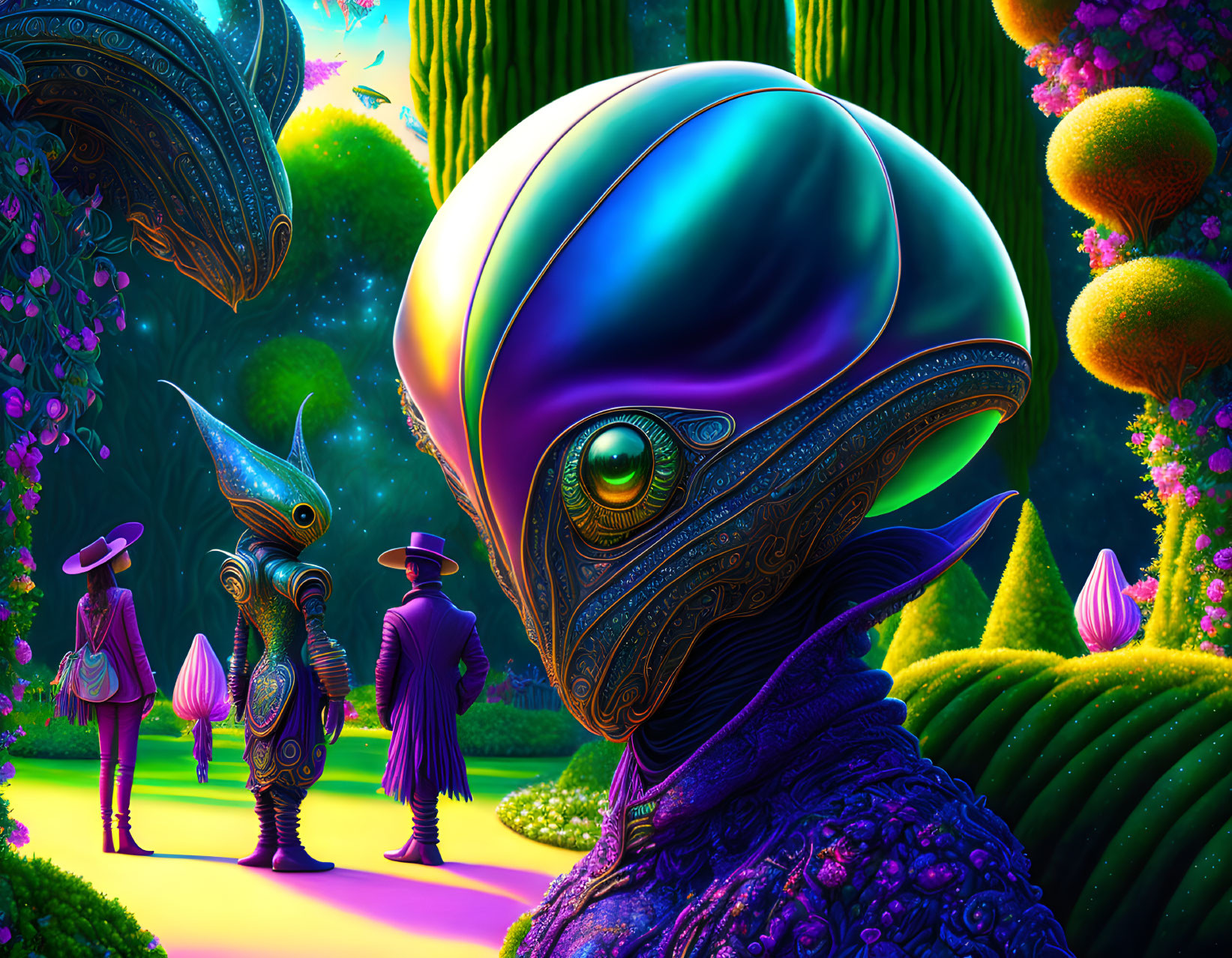 Colorful alien landscape with creatures, lush flora, whimsical trees under unique sky