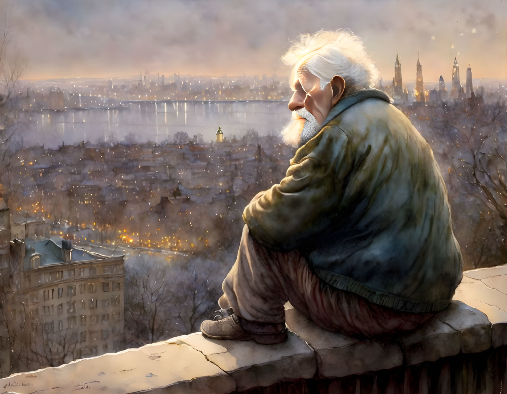 Elderly man with white beard gazes at cityscape at dusk