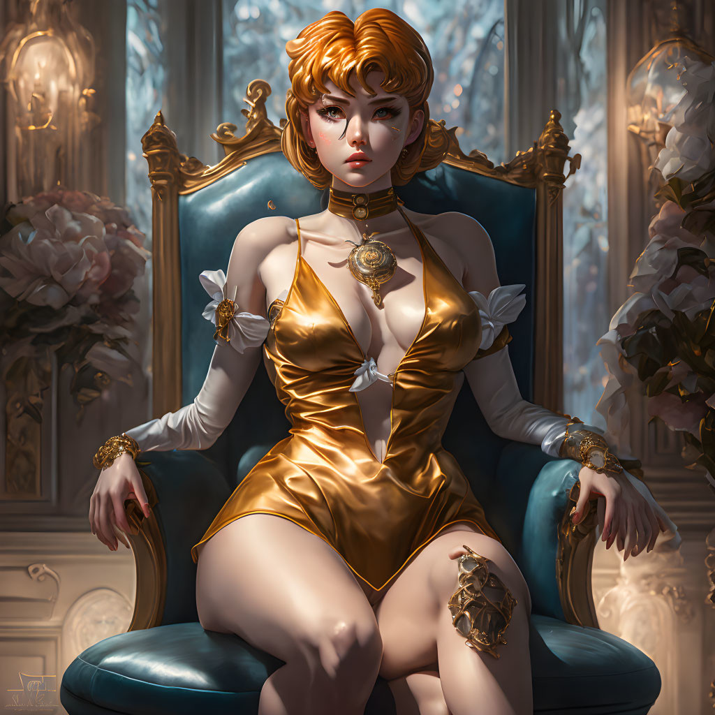 Stylized digital artwork of regal woman in gold dress