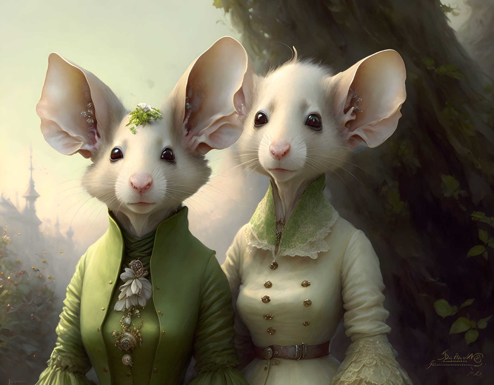 Anthropomorphic mice in elegant green attire against enchanted forest backdrop