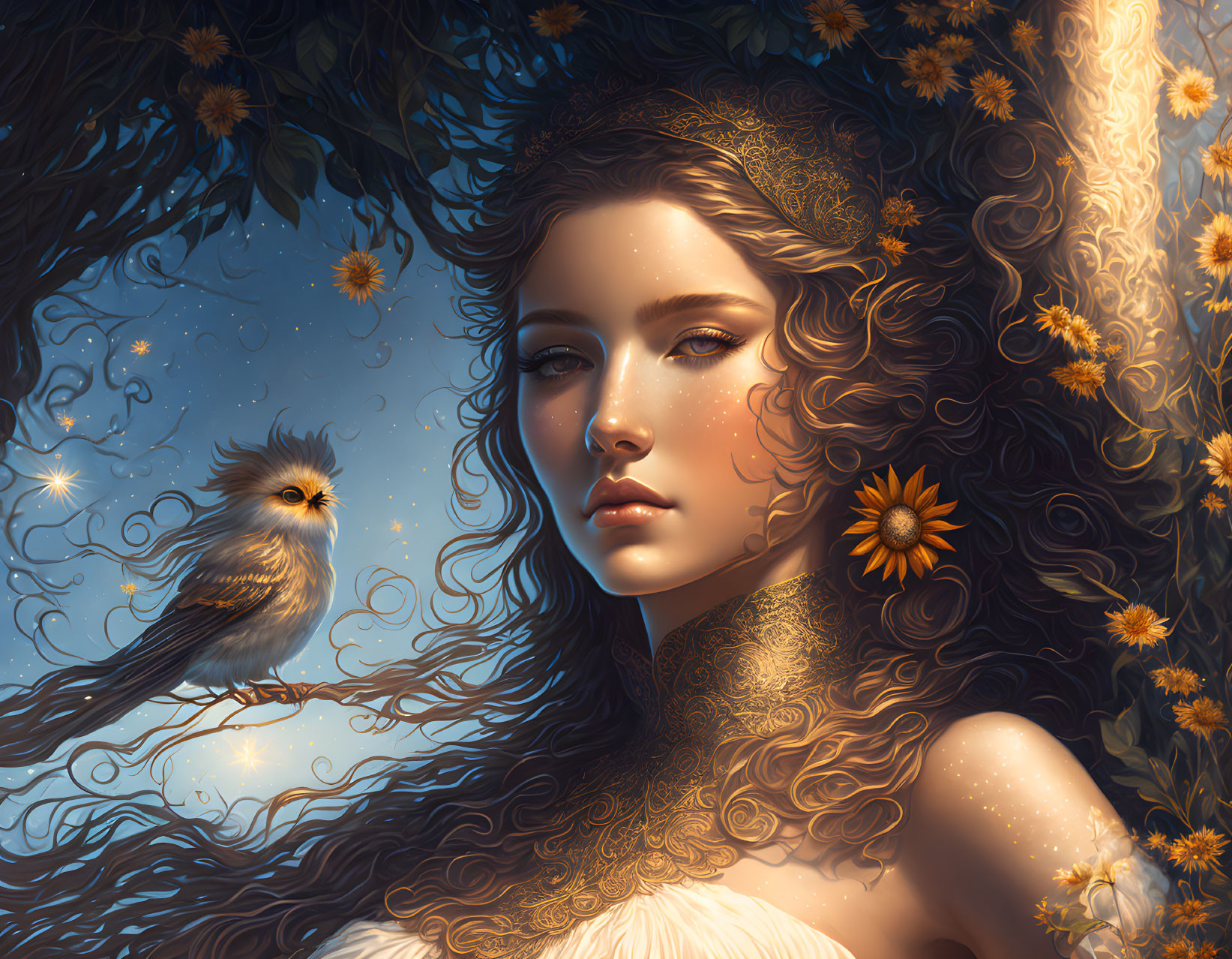 Fantasy illustration of woman with flowing hair and flowers, bird, leaves, glowing lights