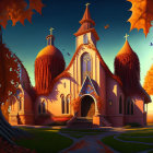 Whimsical church with golden domes in autumn sunset