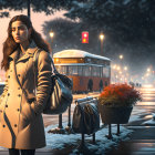 Woman in white dress with umbrella on rainy city street