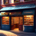 Cozy bakery with blue awning and fresh bread at sunset