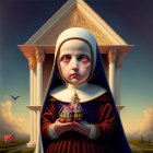 Surreal illustration of girl as nun with model church in twilight sky