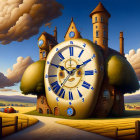 Surrealist landscape with clock-faced building, towers, round windows, car, fields, and clouds