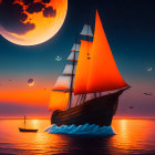 Patterned Outfit Person on Surfboard with Moon and Sunset Background