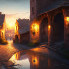 Charming village street at sunset with glowing streetlights, cobblestone paths, traditional houses, and