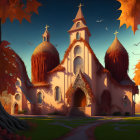 Gothic cathedral digital illustration at dusk with starry sky