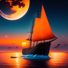 Majestic sailing ship with red sails on calm seas at twilight