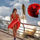 Woman in red dress on bridge gazes at giant fish in sky