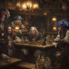 Detailed illustration: Intense pirates at wooden table in dimly lit tavern