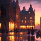 Victorian-style streets at dusk with period clothing, illuminated buildings, vibrant sunset sky, and wet cob