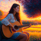 Woman Playing Guitar at Sunset with Colorful Sky and Trees