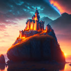 Castle on rugged cliff at sunset with lava streams and starry sky