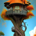 Ornate Treehouse with Spiral Staircases and Stained-Glass Windows