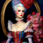 Pale-skinned woman with roses and feathers in ornate golden frame