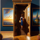 Woman ascending elegant gallery staircase with large paintings, vibrant sunset, and flying birds.