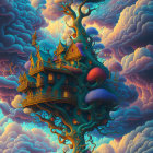 Fantasy tree with whimsical houses and staircases at dusk