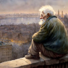 Elderly man with white beard gazes at cityscape at dusk