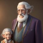 3D illustration of elderly man with white beard and purple jacket