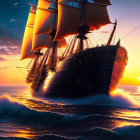 Sailing ship with billowing sails on ocean at sunset