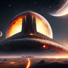 Futuristic cityscape with lava-like lines, domed structure, multiple planets, and moon