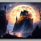 Fantasy landscape with cliffside castle, moons, lake, and lone figure