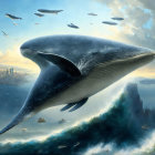 Giant whale flying over futuristic city and ocean waves