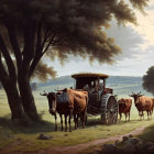 Traditional covered wagon pulled by oxen on pastoral trail with tree-dotted landscape and grazing cattle under serene