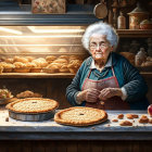 Elderly woman in chef's hat smiles in cozy bakery with pies.