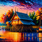 Colorful Sunset Scene: Stilt Houses, Autumn Trees, Boat