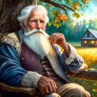 Elderly man with white beard sitting on bench in autumn setting