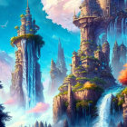 Majestic fantasy landscape with floating castles and waterfalls