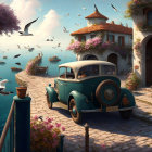 Vintage Green Car Parked by Seaside Villa with Blooming Flowers