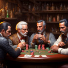 Vintage Attired Men Playing Poker in Dimly-Lit Bar