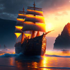 Sailing ships with billowing sails on fiery seas at sunset