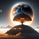 Colossal tree in surreal landscape supporting Earth-like planet and UFOs