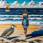 Woman in Blue Dress and Hat on Beach with Waves, Sailing Boat, and Birds