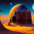 Alien landscape with organic structure, towering spires, two moons in twilight sky