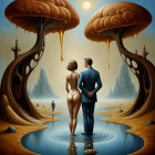 Man and woman on reflective water with tree-like structures and flying fish in surreal setting