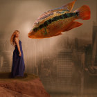 Surreal artwork featuring woman in blue dress amid flying airplanes and spacecraft above stormy cityscape