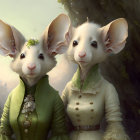 Anthropomorphic mice in elegant green outfits with serene forest backdrop