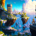 Futuristic floating islands with waterfalls and greenery in vivid sky