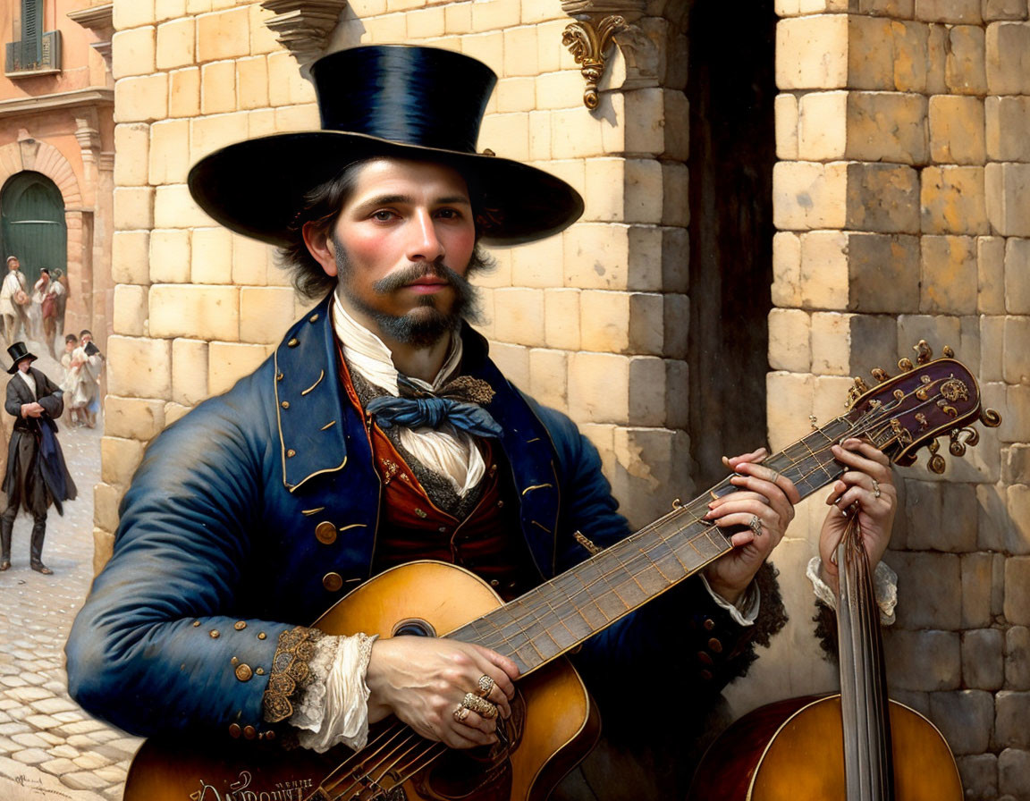 Historically dressed man plays guitar on busy street in blue coat