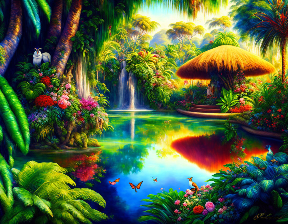 Tropical Paradise with Lush Foliage, Waterfalls, Pond, Flowers, and Butterflies