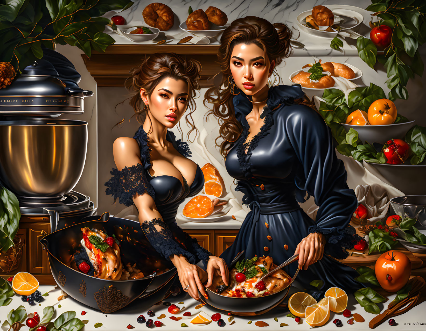 Two women in elegant dresses with food table in opulent setting