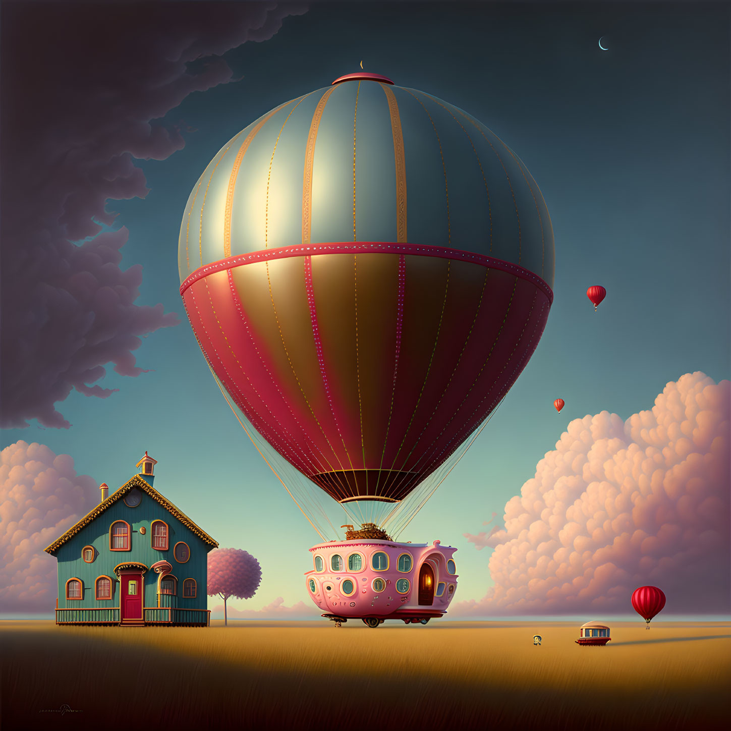 Whimsical painting of large balloon near green house & fluffy clouds