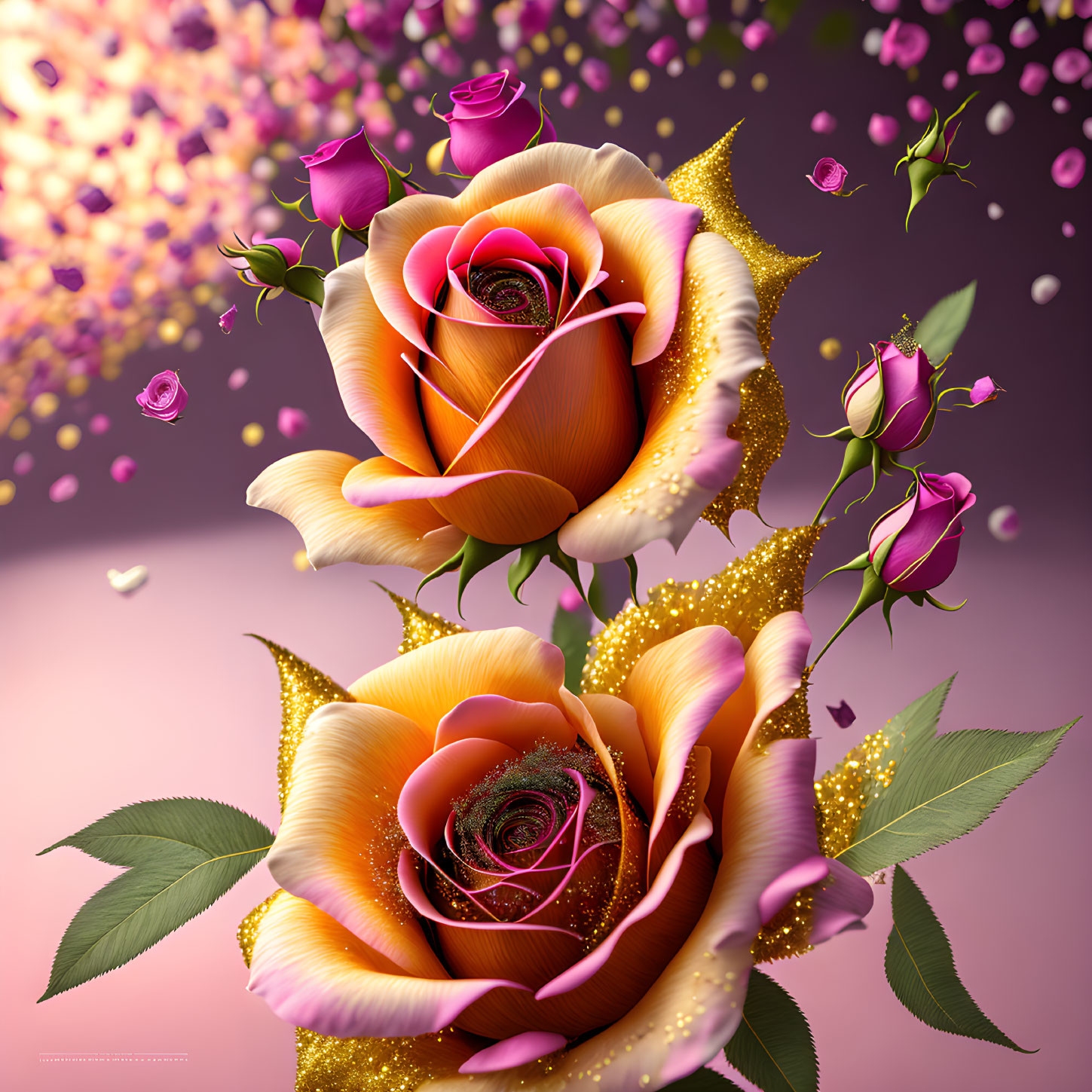 Surreal orange and purple roses digital art with golden accents